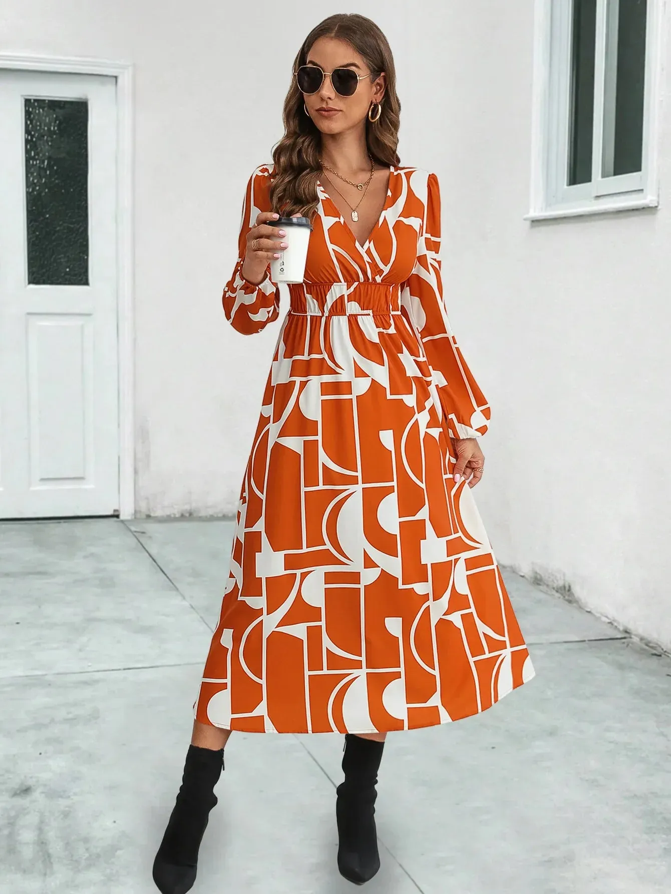 Summer Women Midi Dress 2024 New V-Neck Full Lantern Sleeve Print High Waist A-line Midi Dress