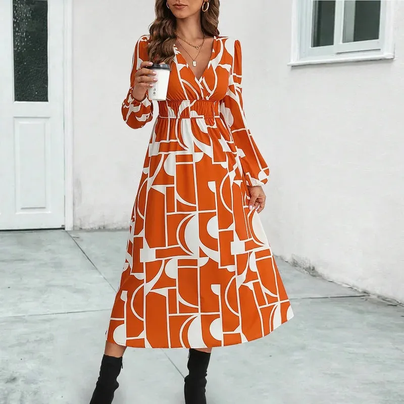 Summer Women Midi Dress 2024 New V-Neck Full Lantern Sleeve Print High Waist A-line Midi Dress