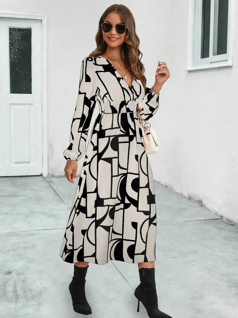 Summer Women Midi Dress 2024 New V-Neck Full Lantern Sleeve Print High Waist A-line Midi Dress