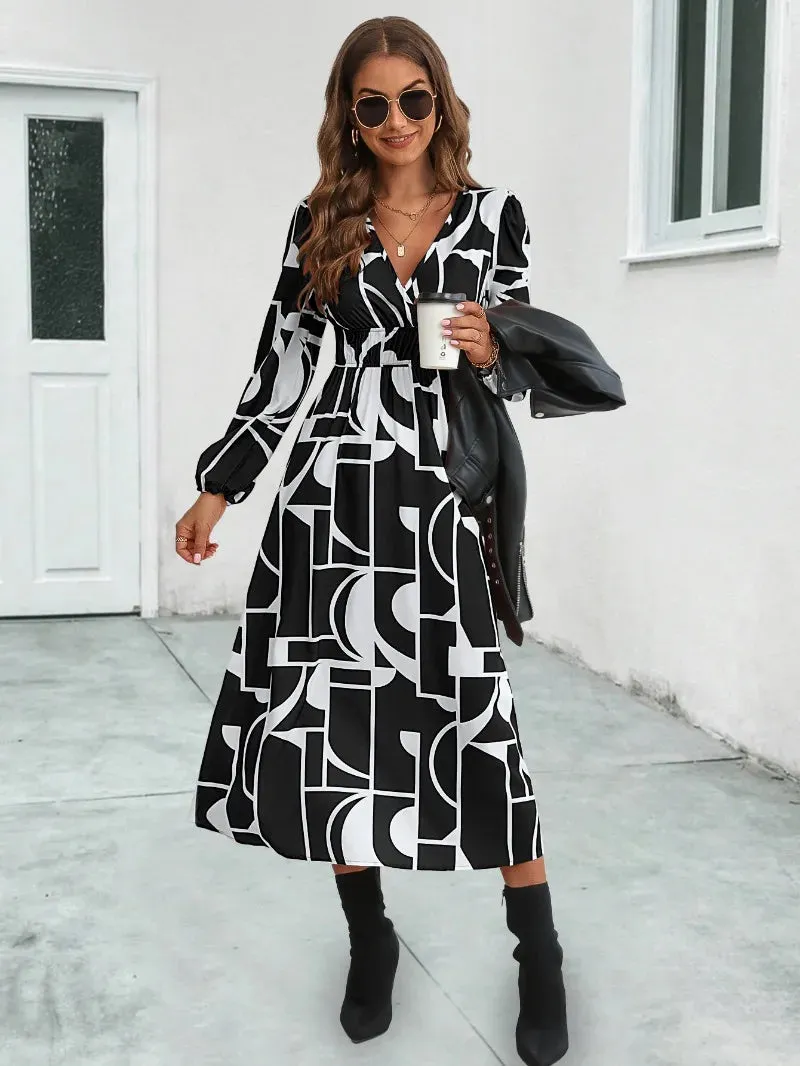 Summer Women Midi Dress 2024 New V-Neck Full Lantern Sleeve Print High Waist A-line Midi Dress