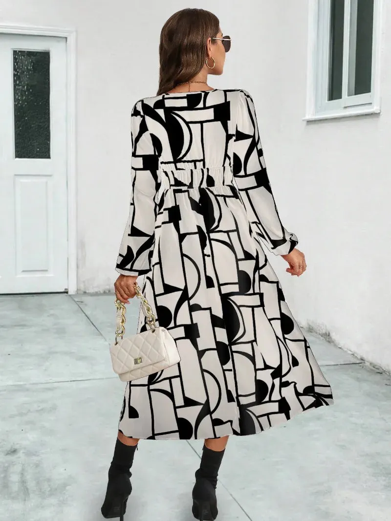 Summer Women Midi Dress 2024 New V-Neck Full Lantern Sleeve Print High Waist A-line Midi Dress