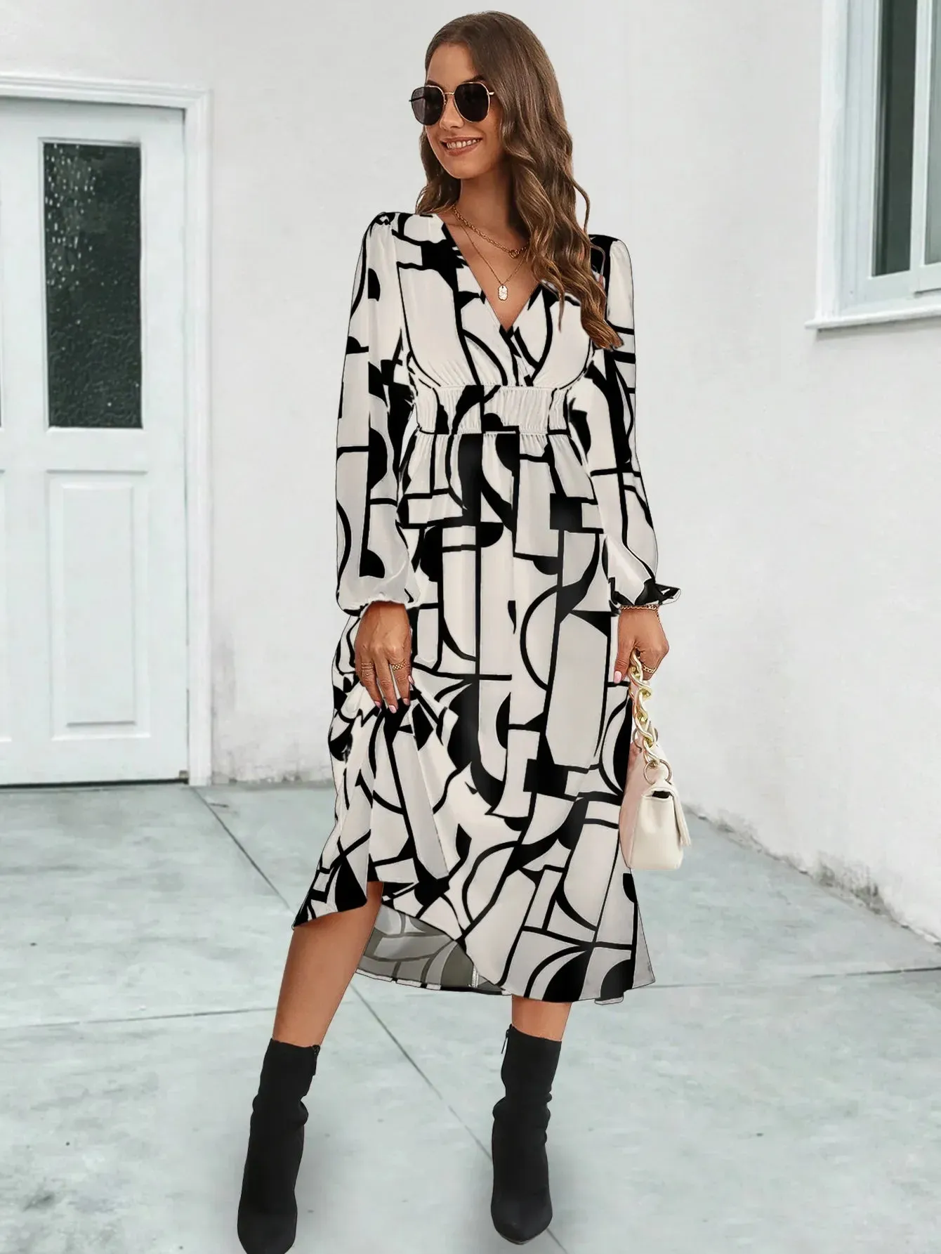 Summer Women Midi Dress 2024 New V-Neck Full Lantern Sleeve Print High Waist A-line Midi Dress