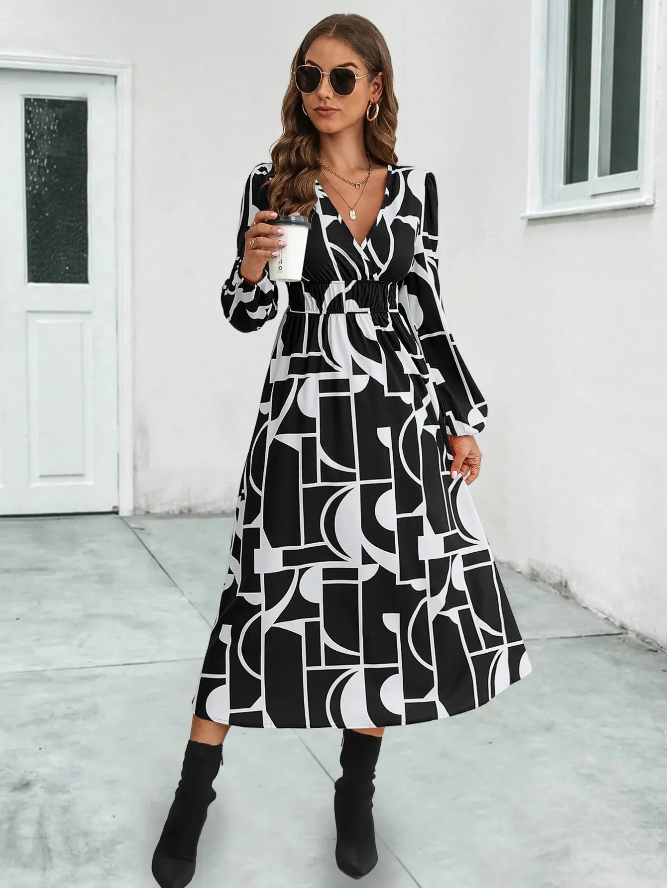 Summer Women Midi Dress 2024 New V-Neck Full Lantern Sleeve Print High Waist A-line Midi Dress