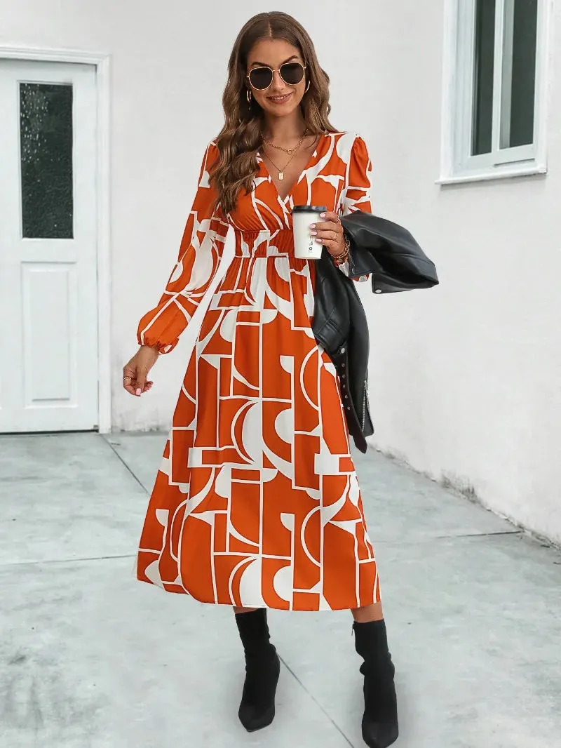 Summer Women Midi Dress 2024 New V-Neck Full Lantern Sleeve Print High Waist A-line Midi Dress