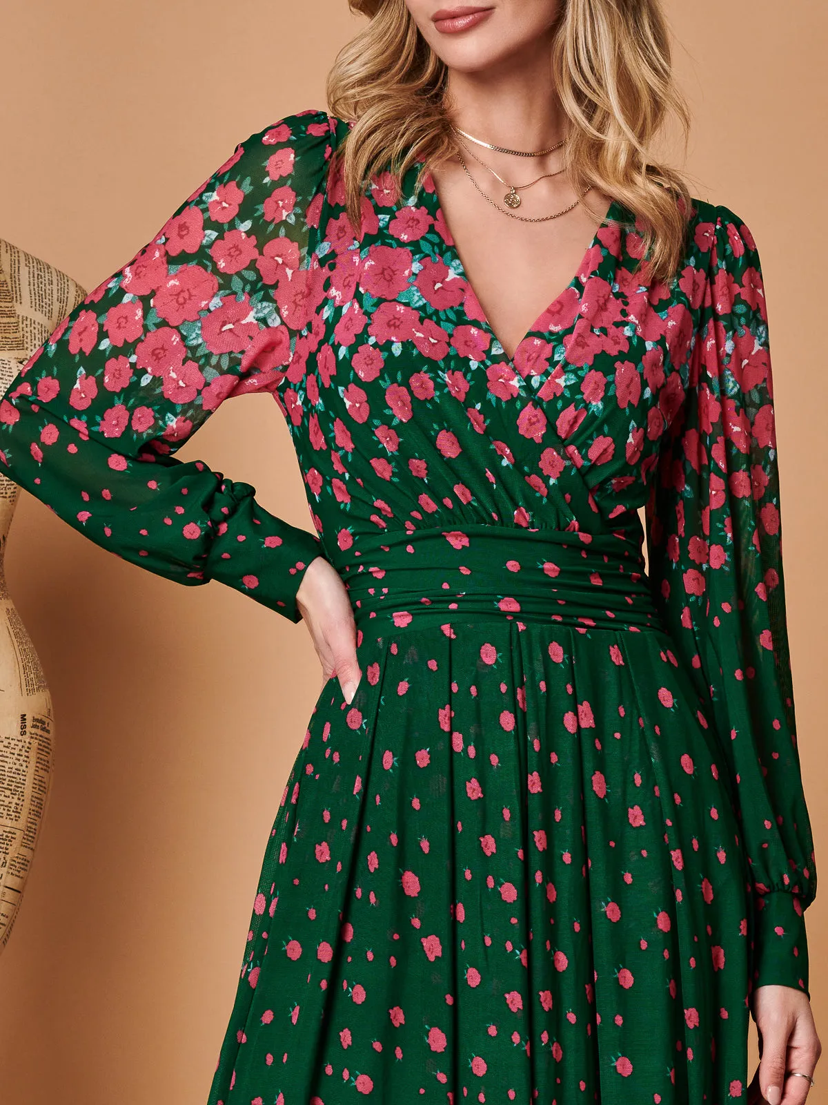 Symmetrical Print Mesh Maxi Dress, Green Floral