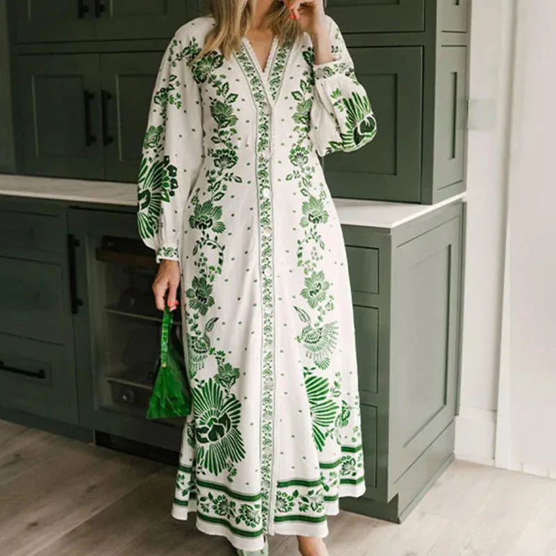 V-neck Party Long Fashion Long Sleeve Bohemian Commute Floral Printed Dress