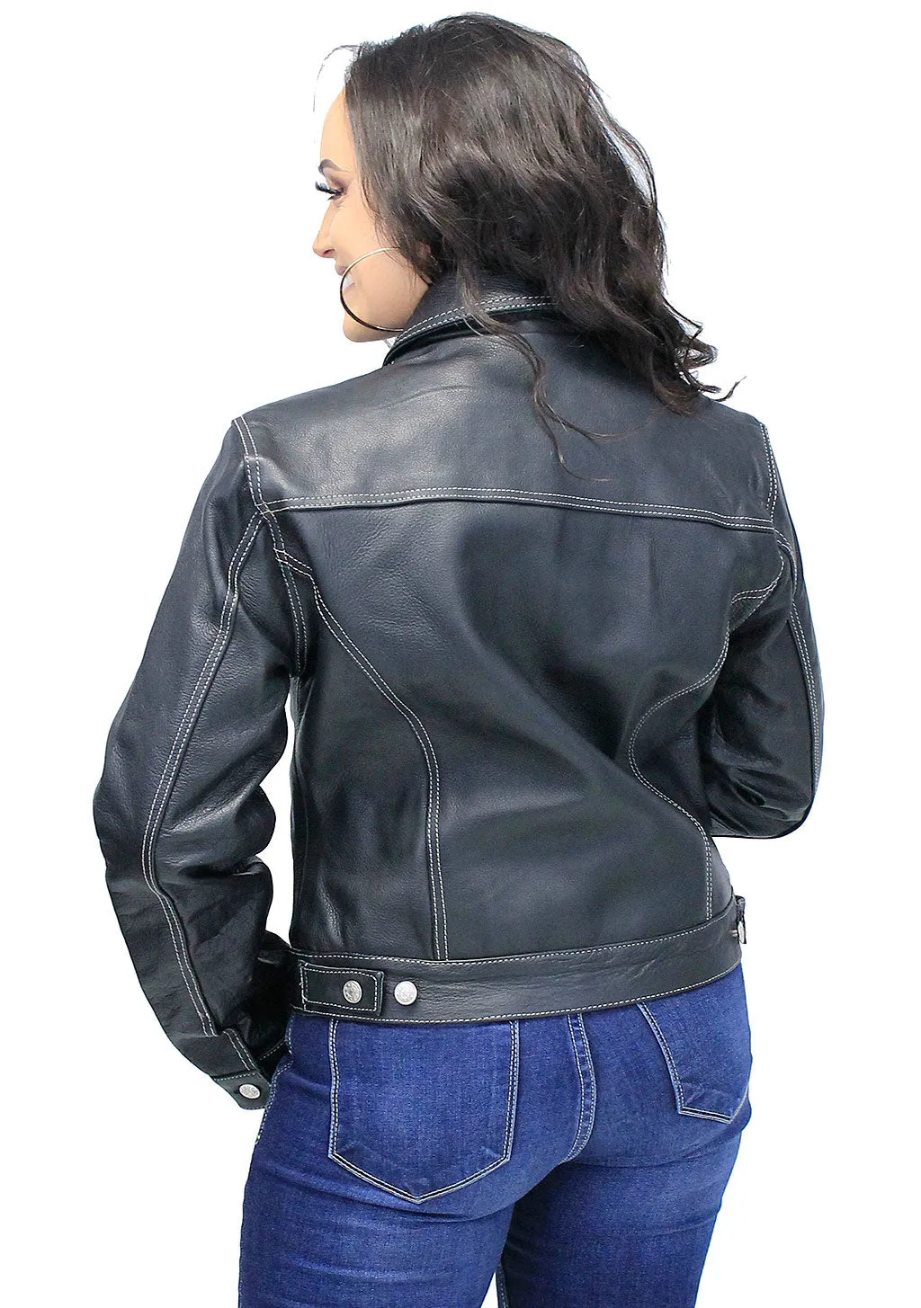 Women's Leather Jean Jacket w/Gray Stitching #L291WK ()