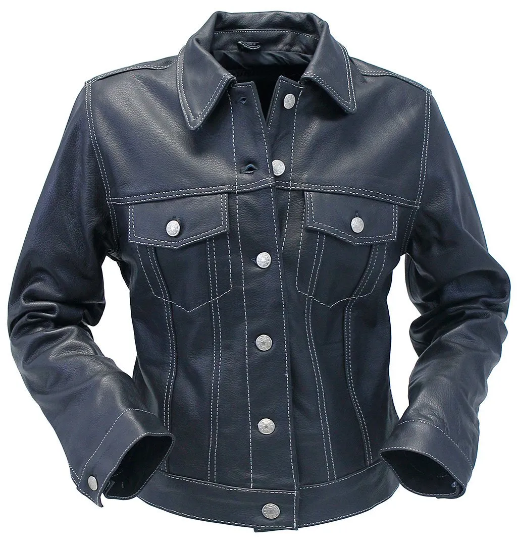 Women's Leather Jean Jacket w/Gray Stitching #L291WK ()