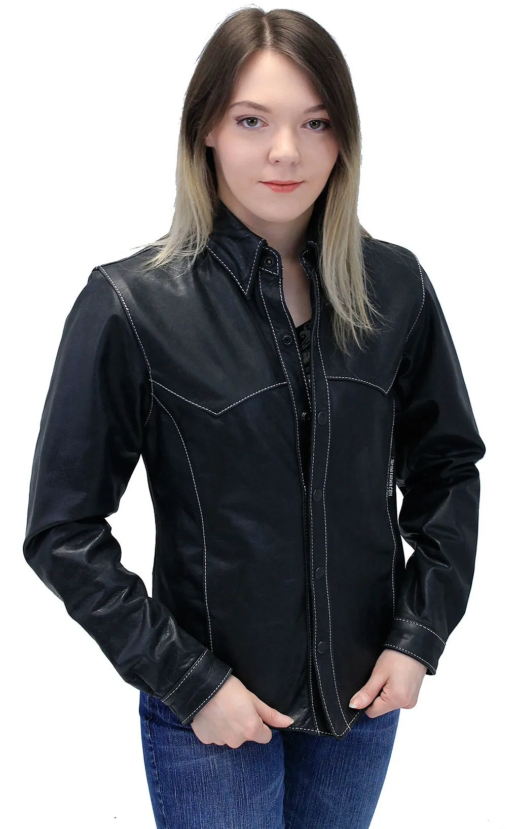 Women's Lightweight Ultra Premium Leather Shirt w/White Stitching #LS431GWK ()