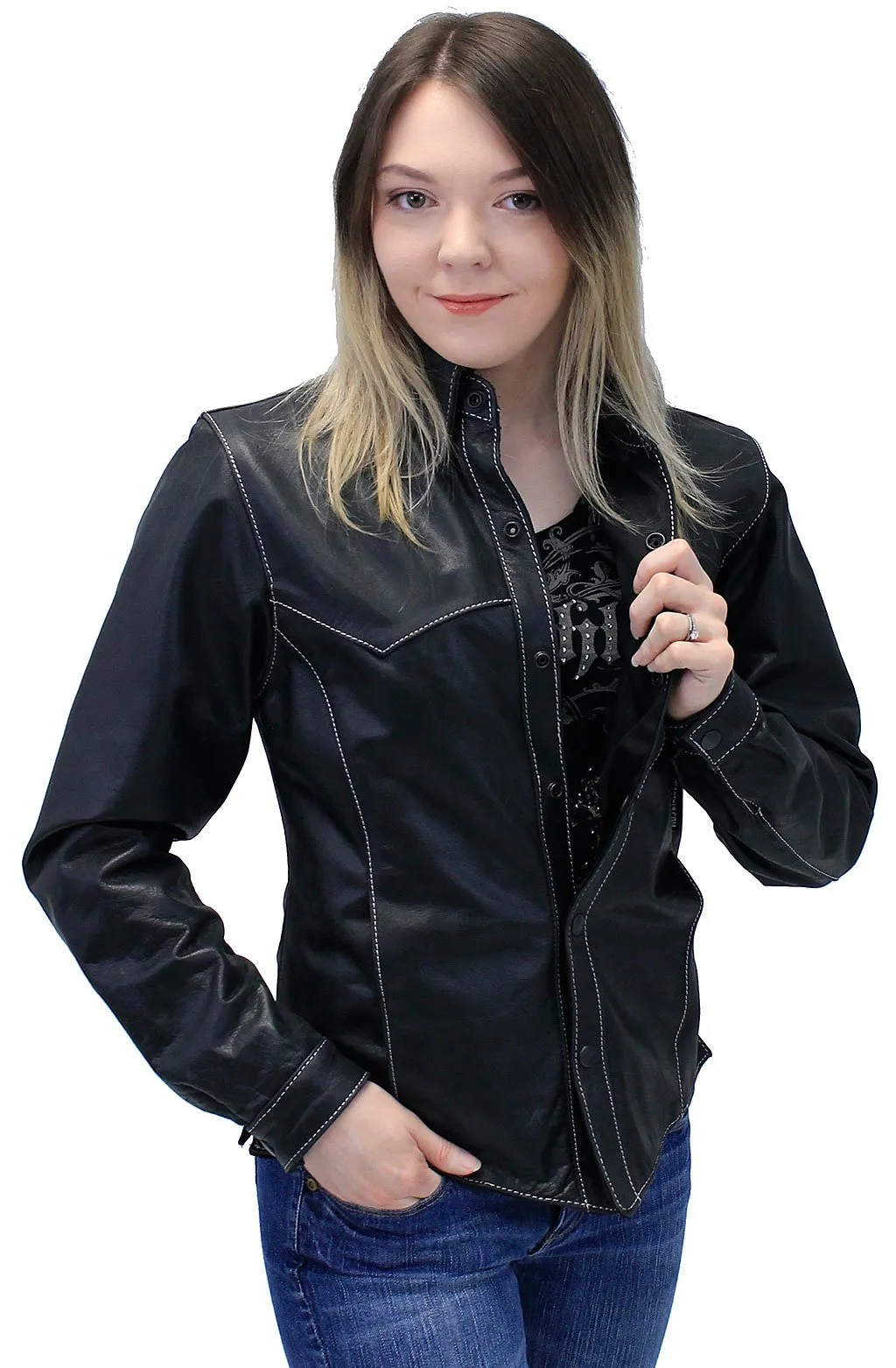 Women's Lightweight Ultra Premium Leather Shirt w/White Stitching #LS431GWK ()