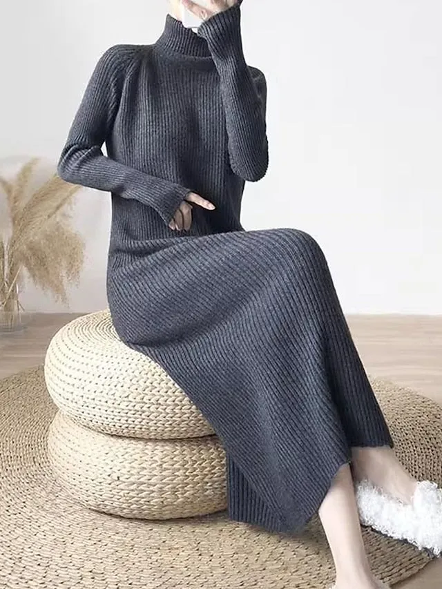 Women's Turtleneck Long Sleeve Sweater Midi Dress