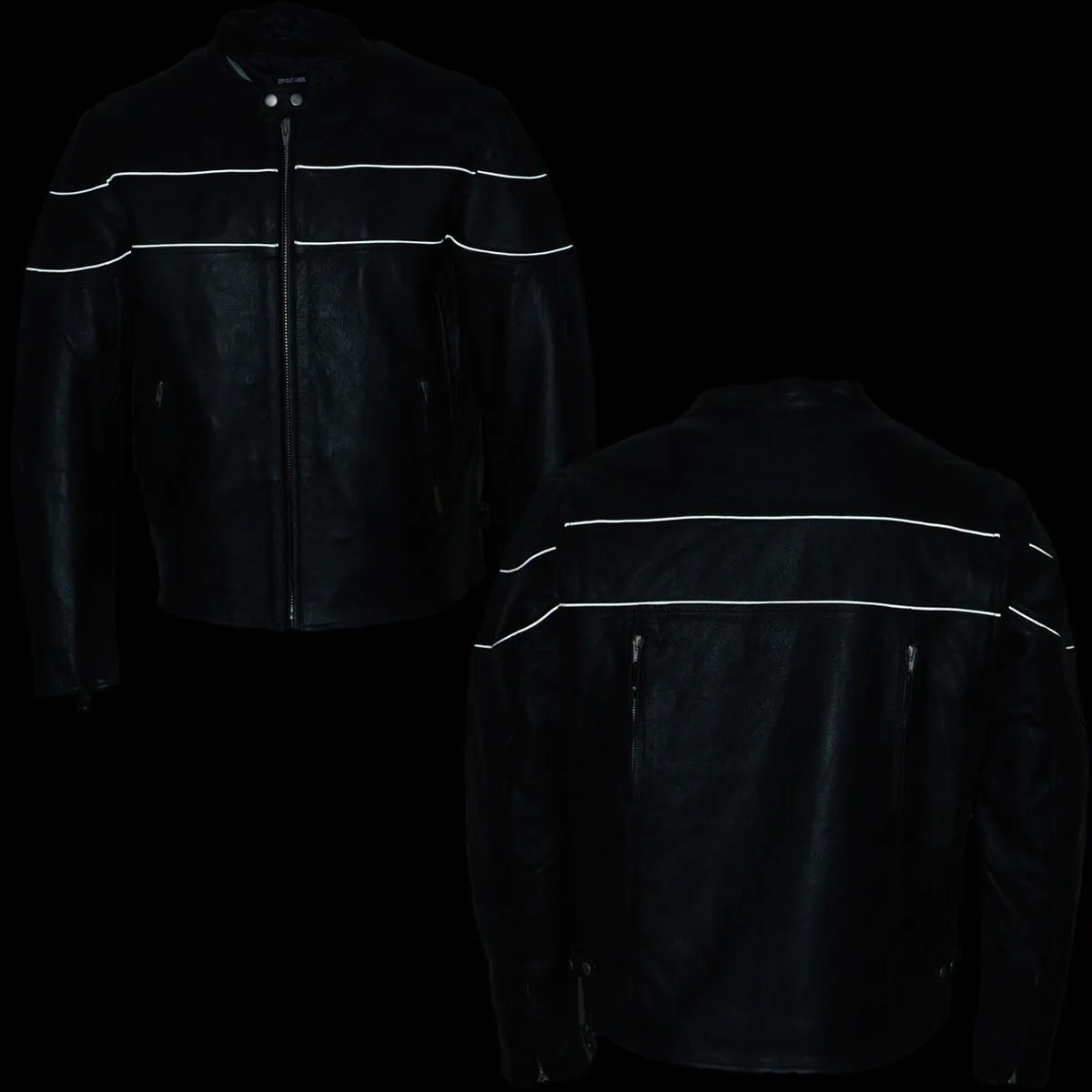 XKM1004 Men's Black Leather Vented Jacket with Reflective Piping