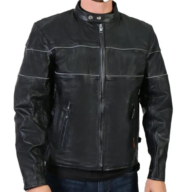 XKM1004 Men's Black Leather Vented Jacket with Reflective Piping