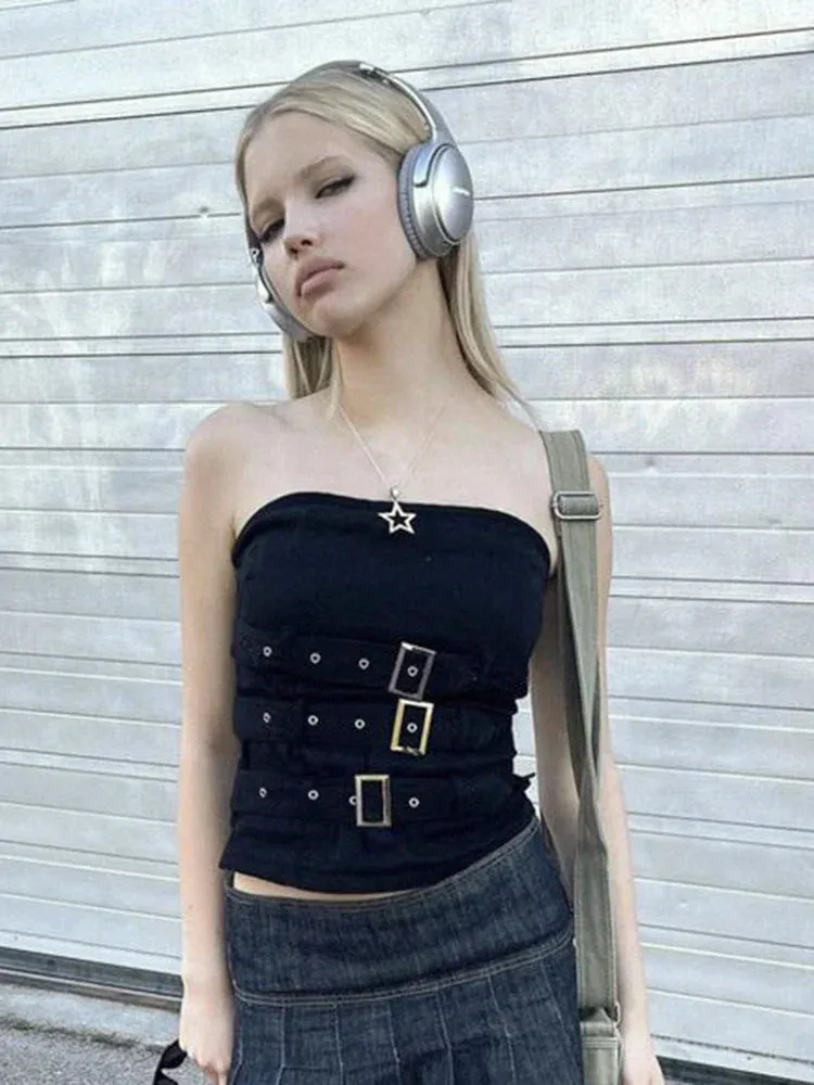 Y2K Gothic Punk Black Corset Buckle Streetwear Crop Bandage Grunge Retro Top